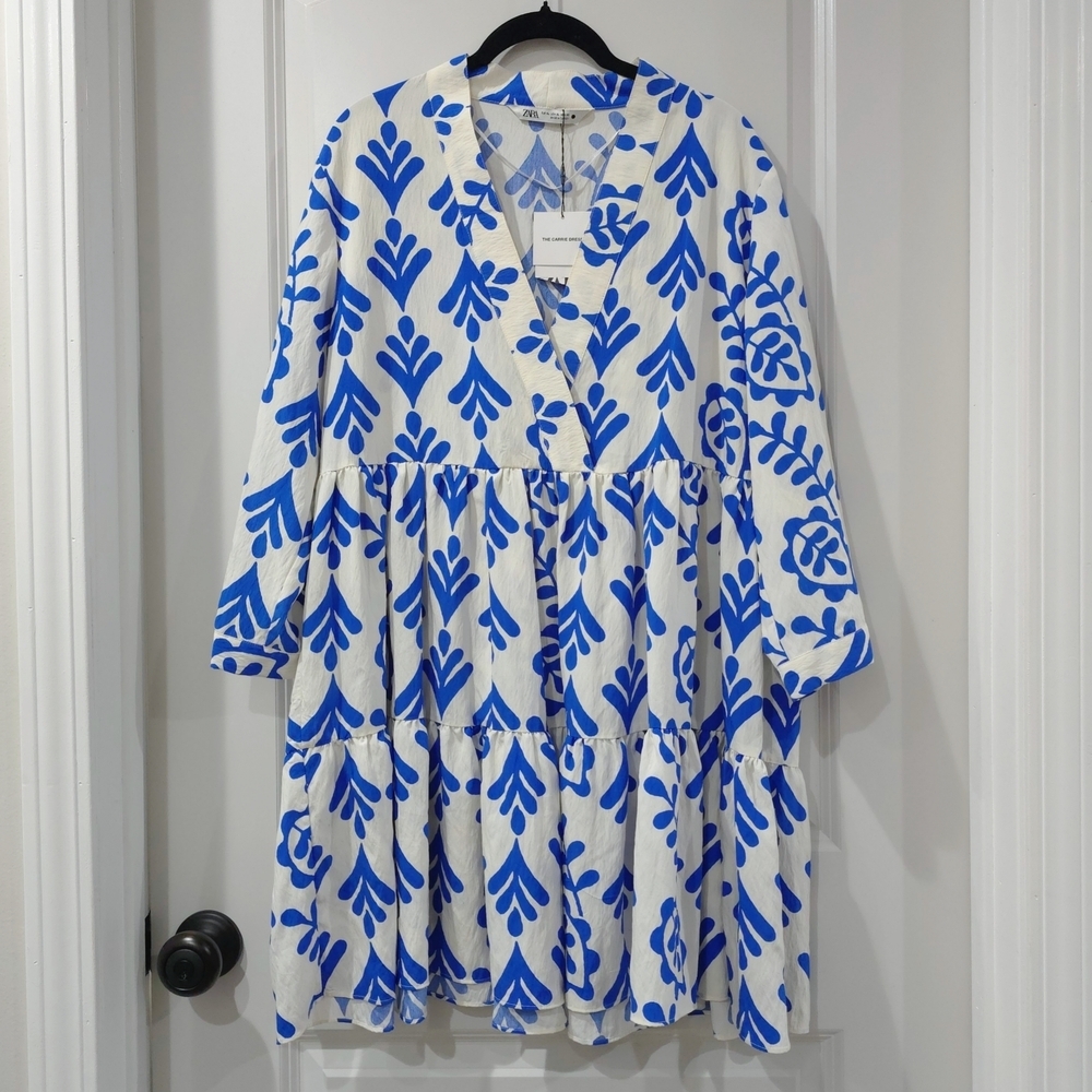 ZARA Cobalt Blue Botanical Print Long Sleeve V-Neck Tiered Babydoll Mini Dress - Picture 2 of 15